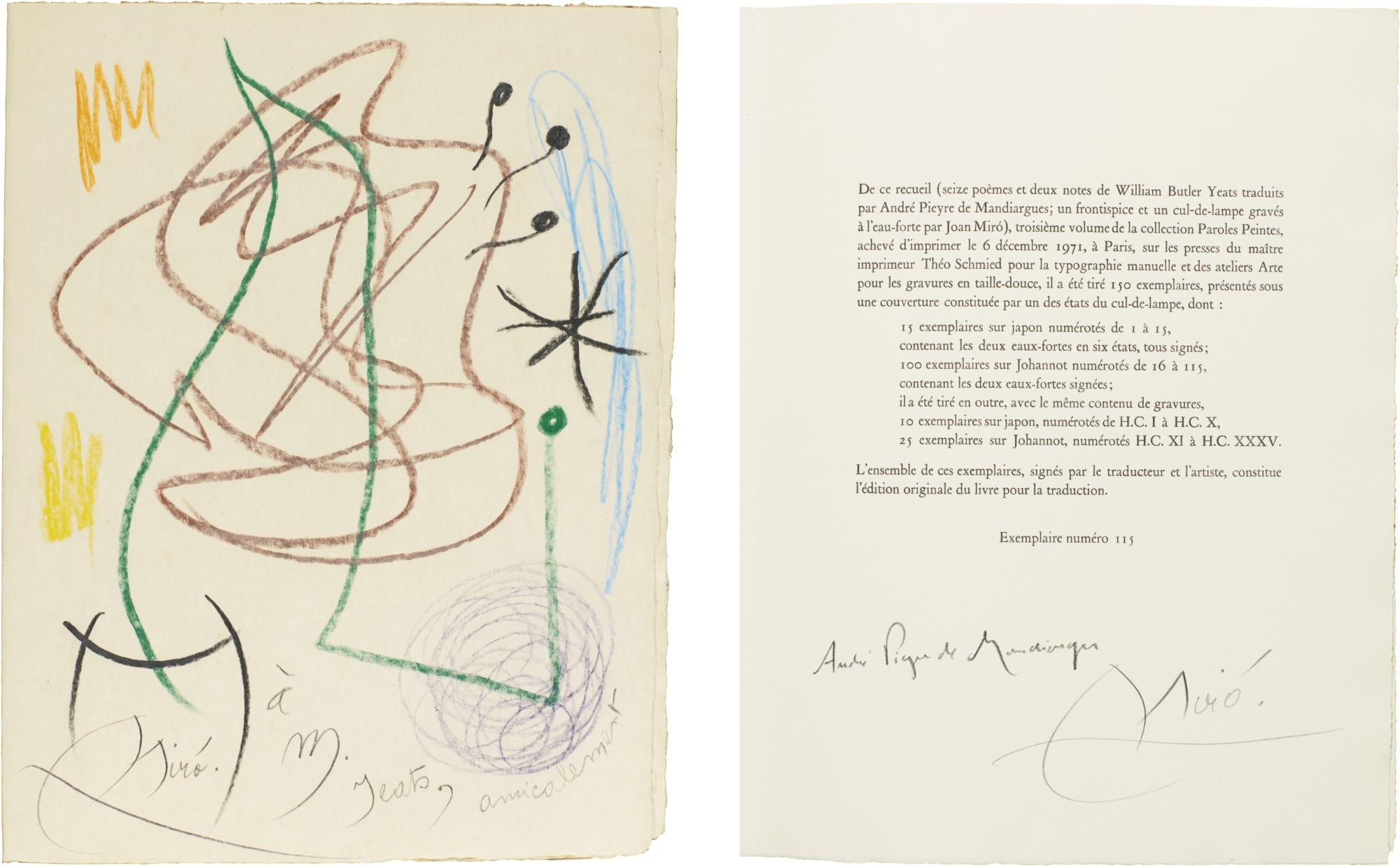 William Butler Yeats - Le Vent Parmi Les Roseaux. The Wind Among The Reeds. Seize Poemes Et Deux Notes Traduits De L\'Anglais Par André Pieyre De Mandiargues. Gravures A L\'Eau-Forte De Joan Miró. Paris: Théo Schmied For Collection Paroles Peintes, 1971