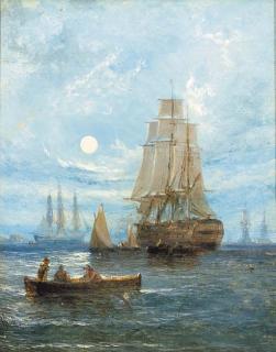 William Calcott Knell - A two-decker departing by moonlight; and A fishing vessel running into an estuary