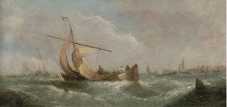 William Calcott Knell - Dutch Barges Drying Their Sails At Dusk; And A Blustery Day Offshore (Illustrated)
