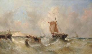 William Calcott Knell - Hauling In The Catch In A Heavy Swell Off Dover, With Busy Channel Traffic Beyond