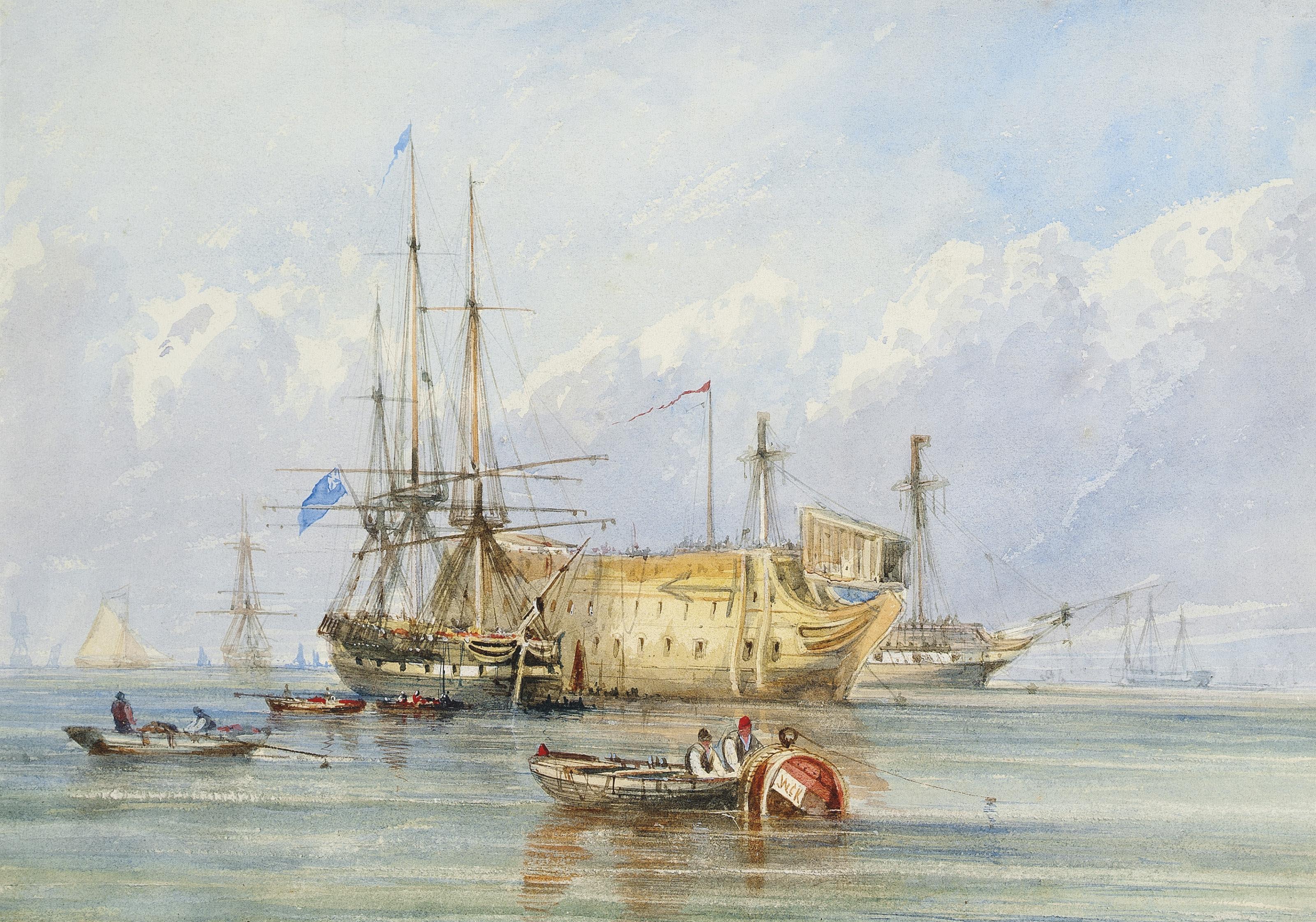 William Callcott Knell - A frigate lying alongside a prison hulk with other shipping beyond