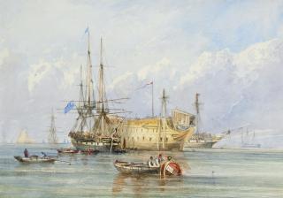 William Callcott Knell - A frigate lying alongside a prison hulk with other shipping beyond