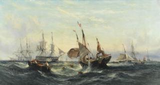 William Callcott Knell - \'Early Morning in the Medway\'; and \'Evening, French Fishing Boat Bringing Too, in the Downs\', a pair