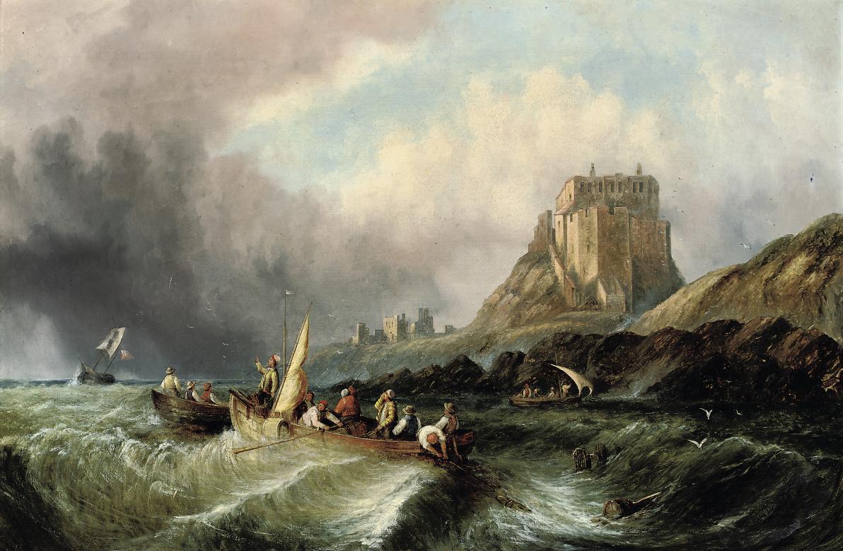 William Callcott Knell - Fishermen hauling in their catch in a heavy swell below Lindisfarne Castle, Holy Island