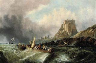 William Callcott Knell - Fishermen hauling in their catch in a heavy swell below Lindisfarne Castle, Holy Island