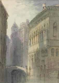 William Callow, R.W.S. - Figures crossing a bridge, Venice