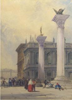 William Callow - Venetian figures gathered around the columns at San Marco square, Venice