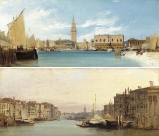 William Callow - View of the Piazzetta, Venice, including the Libreria, the Campanile, San Marco, the Doge\'s Palace and the Bridge of Sighs; and View of the Grand Canal, Venice, looking towards the Rialto