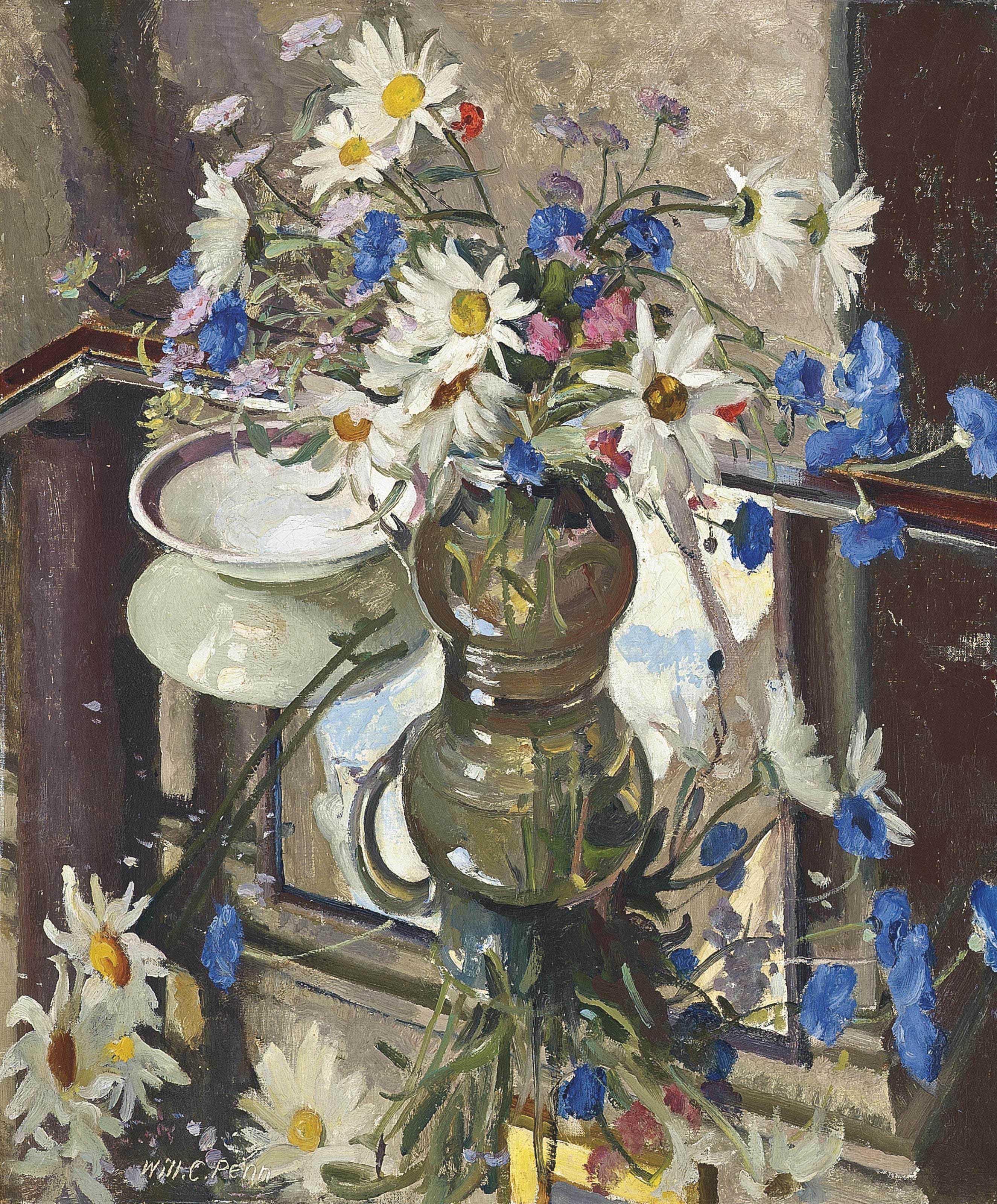 William Charles Penn - Still life of daisies and cornflowers in a glass jug