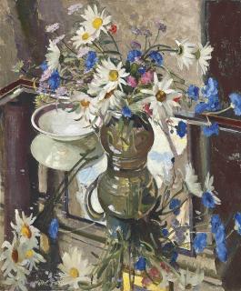 William Charles Penn - Still life of daisies and cornflowers in a glass jug