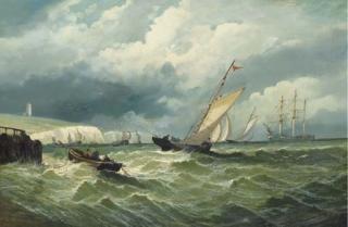 William Clarkson Stanfield, R.A. - A View of the English Channel with sailboats in choppy seas off the white cliffs of Dover