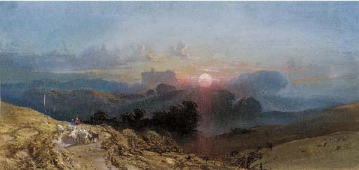 William Collingwood Smith, R.W.S. - A shepherd and sheep on a track with a castle beyond