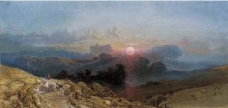 William Collingwood Smith, R.W.S. - A shepherd and sheep on a track with a castle beyond