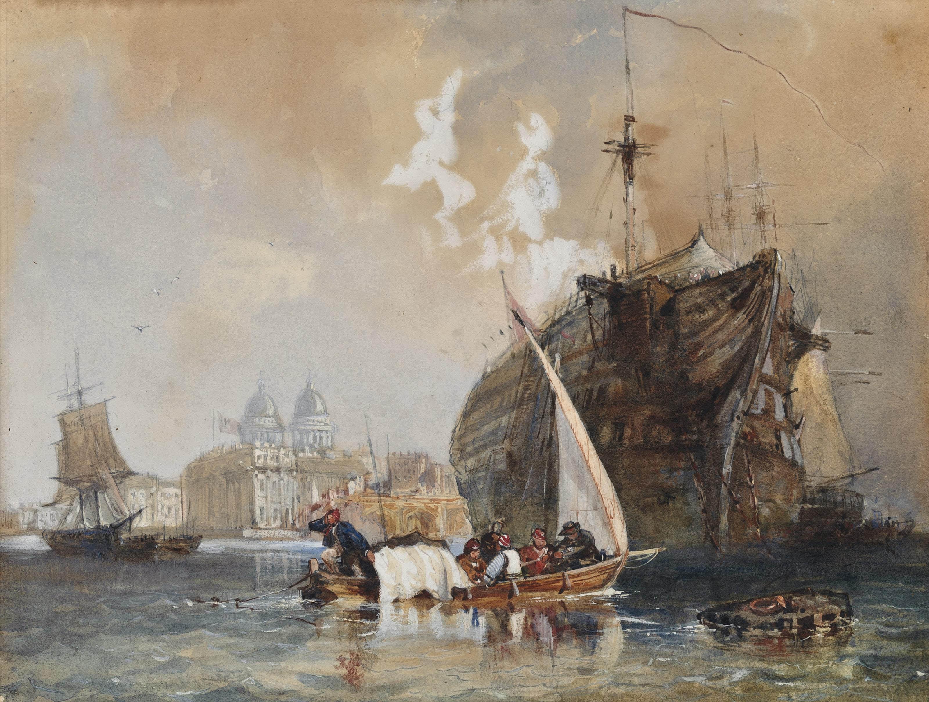 William Collingwood Smith, R.W.S. - H.M.S. Dreadnought, the Seamen\'s Hospital ship, moored in the Thames off Greenwich