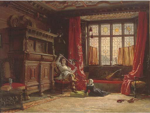 William Collingwood - A Cavalier In A Darkened Interior, A Bird On His Sword