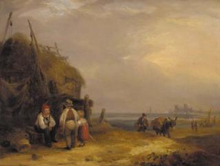 William Collins, R.A. - Figures conversing by a fisherman\'s hut