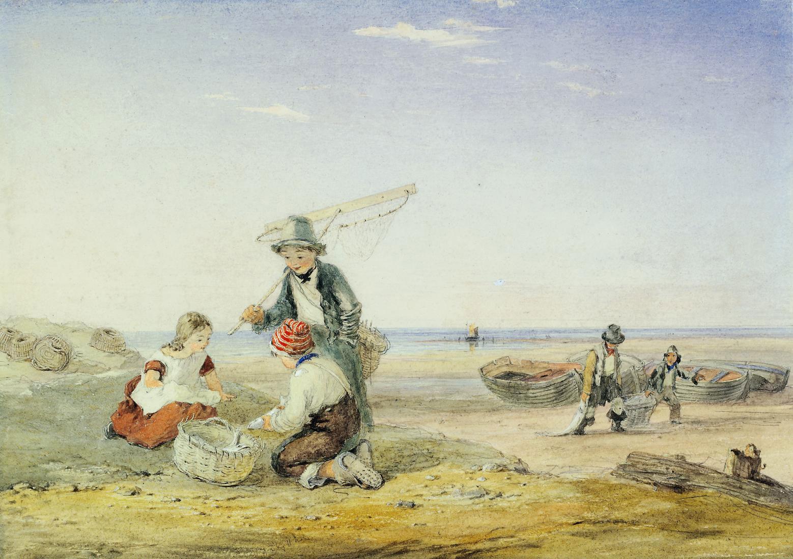 William Collins, R.A. - Fisherboys and a young shrimper on the coast at low tide