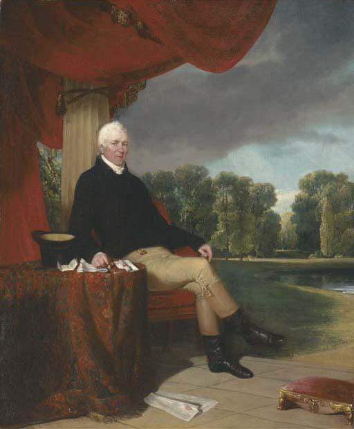 William Collins, R.A. - Portrait of James Campbell of Hampton Court House, seated full-length, in a black jacket and cream breeches