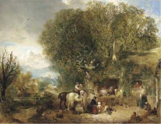 William Collins - Figures by a cottage in an extensive wooded landscape