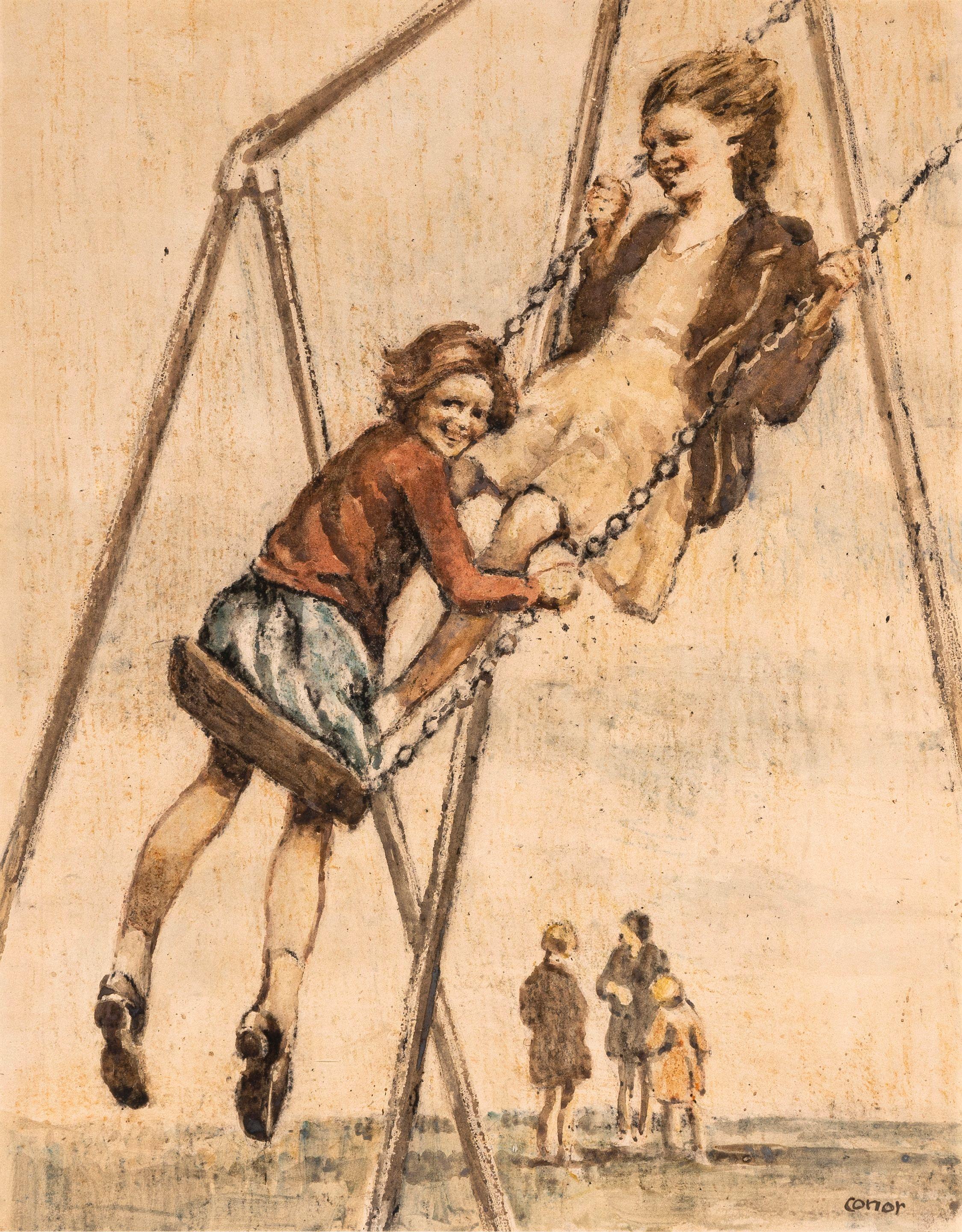 William Conor R.H.A., R.U.A. - On the Swing 48.2 x 37.8 cm. (19 x 14 7/8 in.)