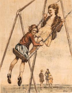 William Conor R.H.A., R.U.A. - On the Swing 48.2 x 37.8 cm. (19 x 14 7/8 in.)