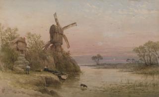 William Cook of Plymouth - A windmill by a river at dusk