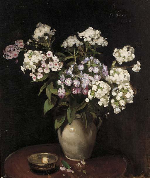 William Crampton Gore - Phlox in a jug with a silver dish on a table