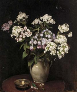 William Crampton Gore - Phlox in a jug with a silver dish on a table
