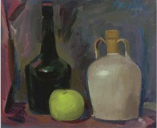 William Crosbie, R.S.A., R.G.I. - A Black Bottle, Apple And Earthen Ware Flask