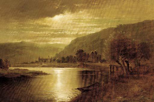 William Crosby - Tintern Abbey at sunset; and Figures resting in a tranquil river landscape