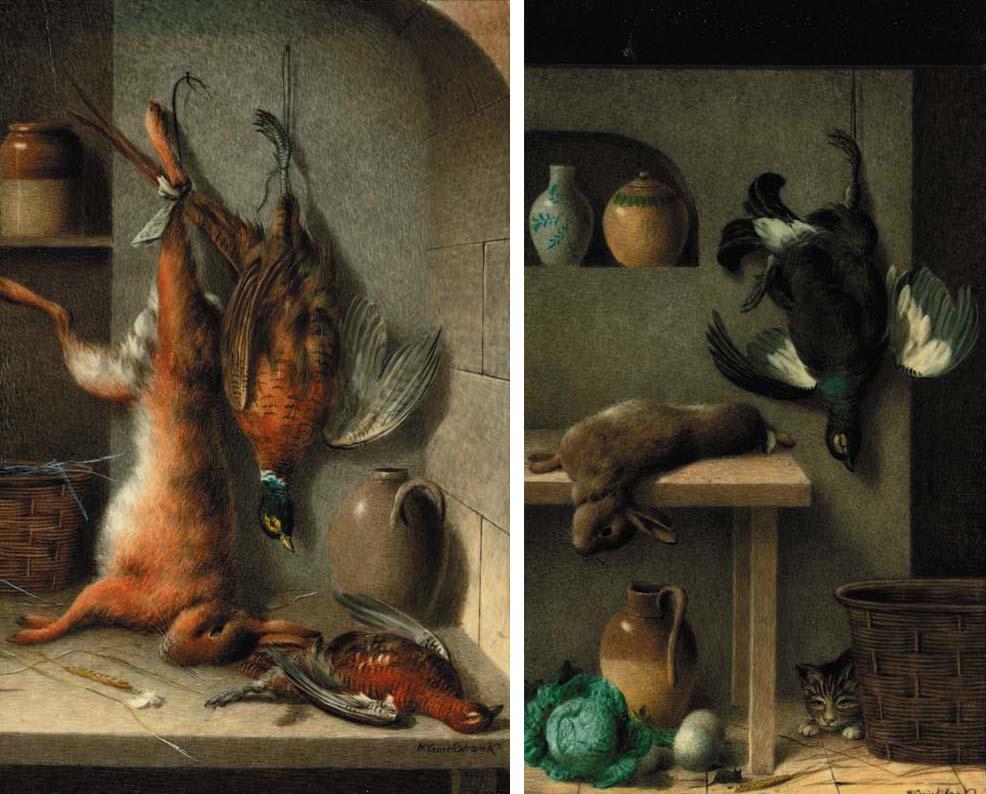 William Cruickshank - A cat and mouse with a pheasant and a rabbit in a larder; and Pheasant and a hare in a larder
