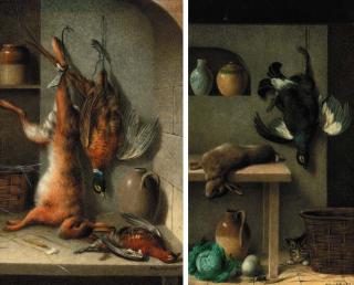 William Cruickshank - A cat and mouse with a pheasant and a rabbit in a larder; and Pheasant and a hare in a larder