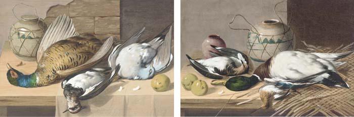 William Cruikshank - A Pheasant, Pigeon And A Woodcock On A Shelf; And A Mallard, Snipe And Pigeon On A Shelf