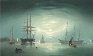 William Daniel Penny - Merchant Vessels Anchored Offshore In The Moonlight