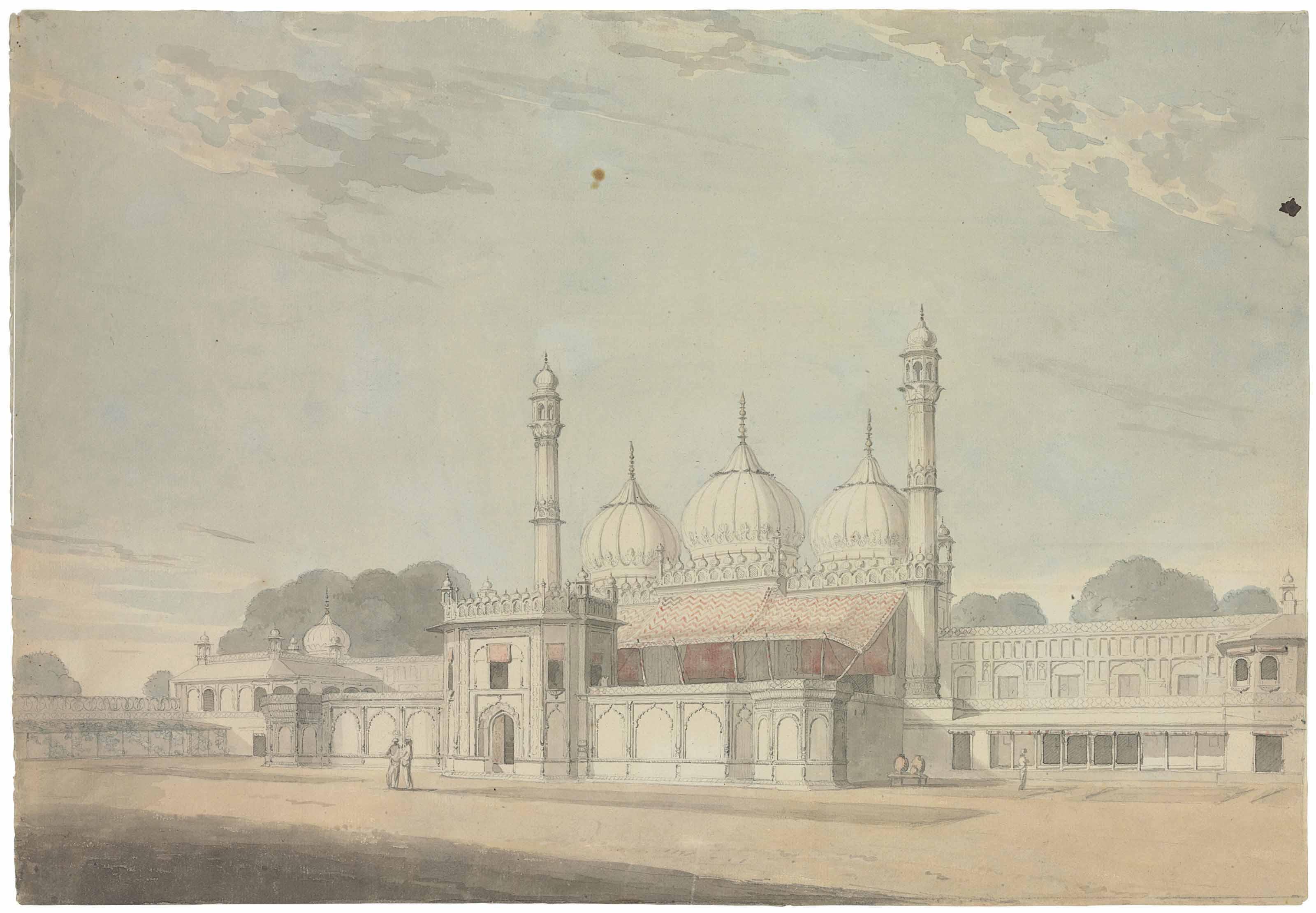 William Daniell, R.A. - A view of a courtyard, possibly the Moti Masjid, Agra, showing its terraces and two flanking minarets