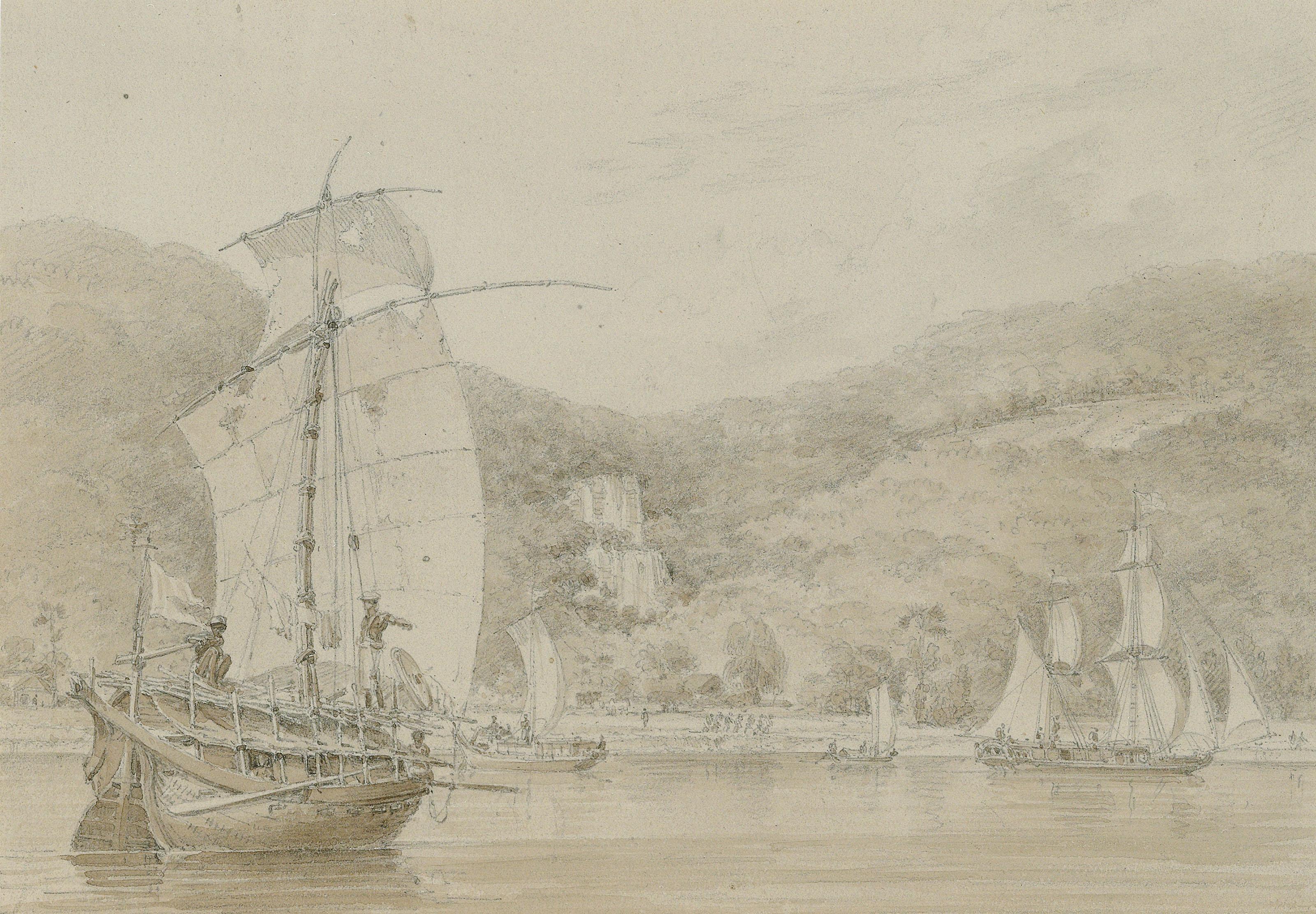 William Daniell, R.A. - The Daniells\' pinnace budgerow at the Moti Jharna waterfall in the Rajmahal Hills, 1789