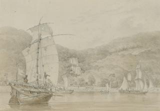 William Daniell, R.A. - The Daniells\' pinnace budgerow at the Moti Jharna waterfall in the Rajmahal Hills, 1789