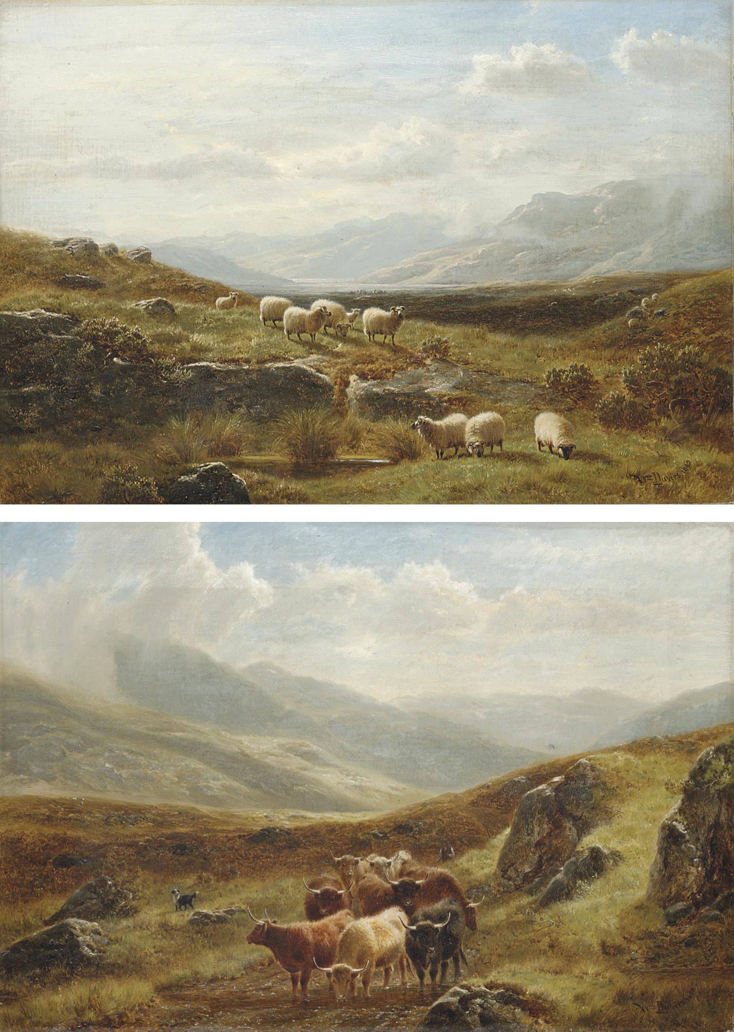 William Davies - Sheep grazing in a highland landscape; and Cattle watering in a highland landscape