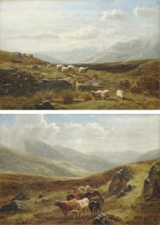 William Davies - Sheep grazing in a highland landscape; and Cattle watering in a highland landscape