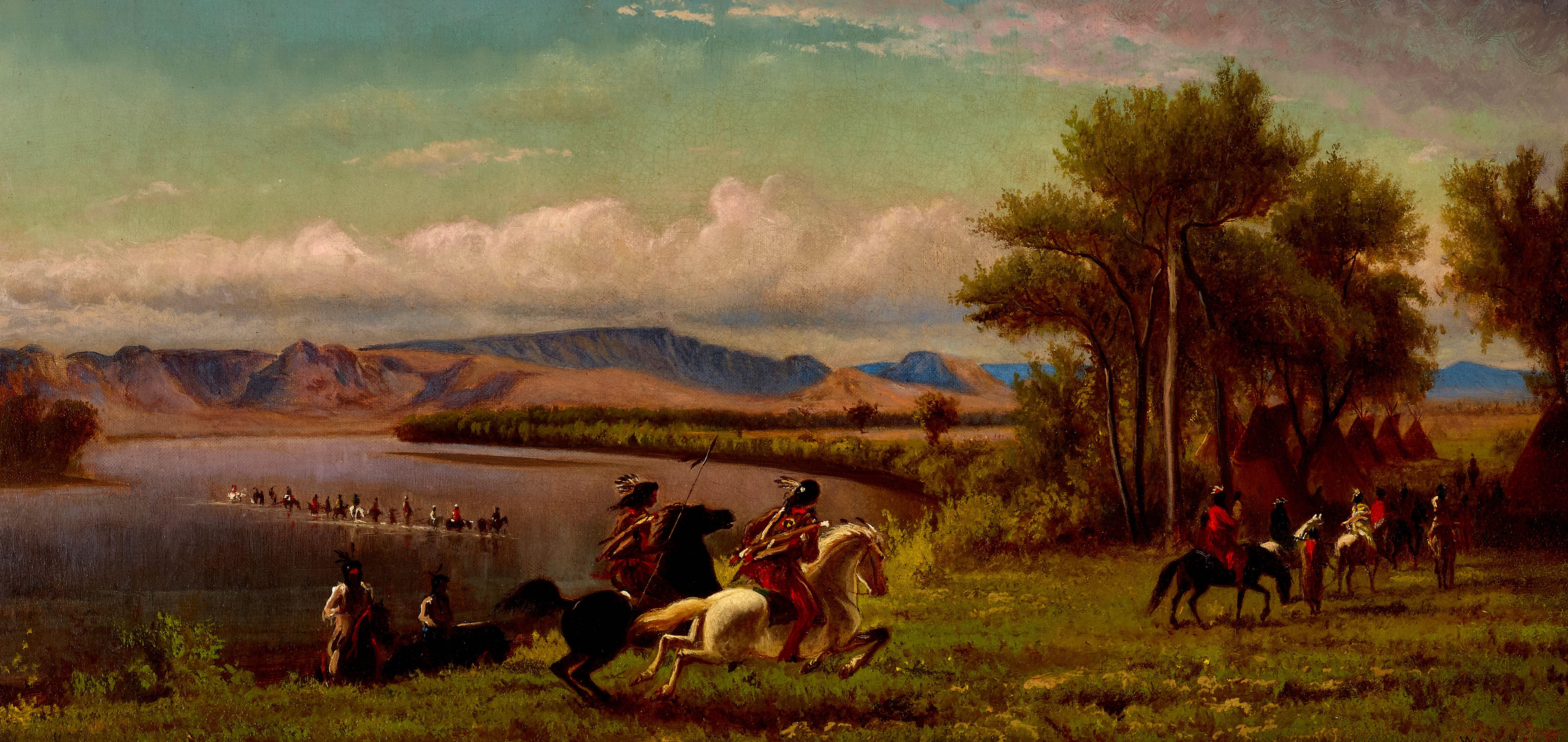William De La Montagne Cary - Indian Encampment, Missouri River 11 1/2 x 23 1/2 in. framed 17 x 29 in.