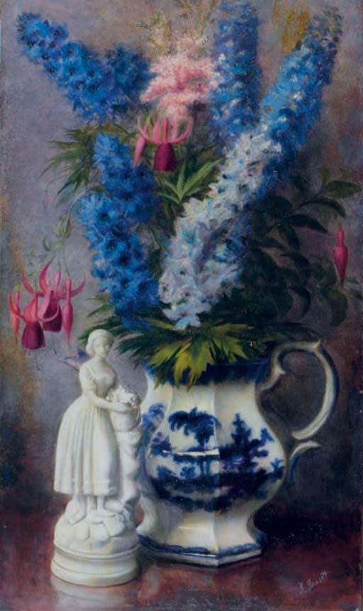 William Dean Fausett - Still life of flowers in a blue and white pitcher