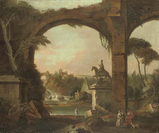 William Delacour - An Architectural Capriccio With Roman Ruins And Figures Conversing In The Foreground