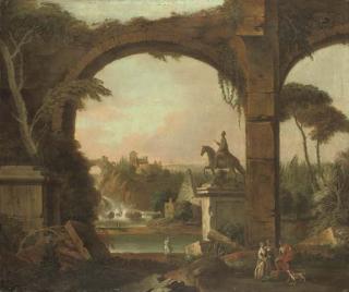 William Delacour - An Architectural Capriccio With Roman Ruins And Figures Conversing In The Foreground