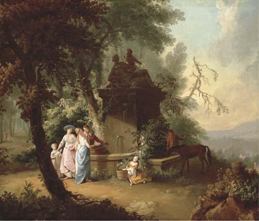 William Delacour - An extensive landscape with elegant company by a fountain in a wooded glade