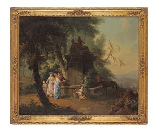 William Delacour - Figures and a horse at a fountain in a woodland clearing