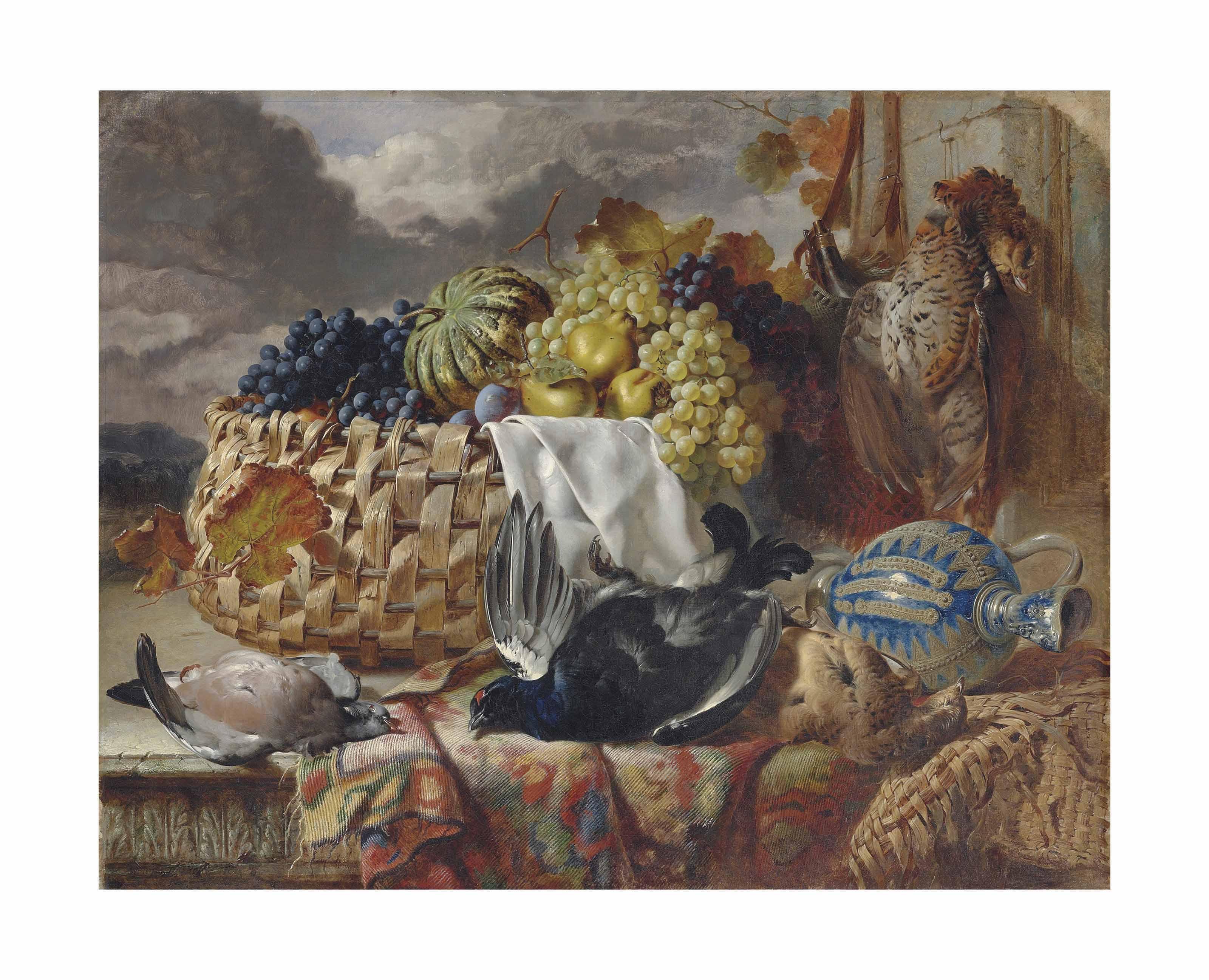 William Duffield - A black grouse, a greyhen, a wood pigeon and a pheasant beside grapes, pears and a melon in a wicker basket, on a partially draped ledge