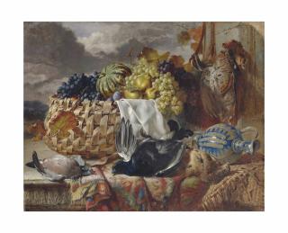 William Duffield - A black grouse, a greyhen, a wood pigeon and a pheasant beside grapes, pears and a melon in a wicker basket, on a partially draped ledge