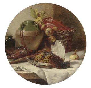 William Duffield - A Pheasant, Onions, Rhubarb In A Basket, With A Pot And Jar To The Side
