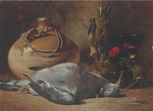 William Duffield - A pigeon, songbirds, a stoneware flask, a glass goblet, and cherries, on a wooden ledge