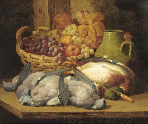 William Duffield - Dead game, grapes and apples in a wicker basket, and a green ceramic pot, on a wooden table